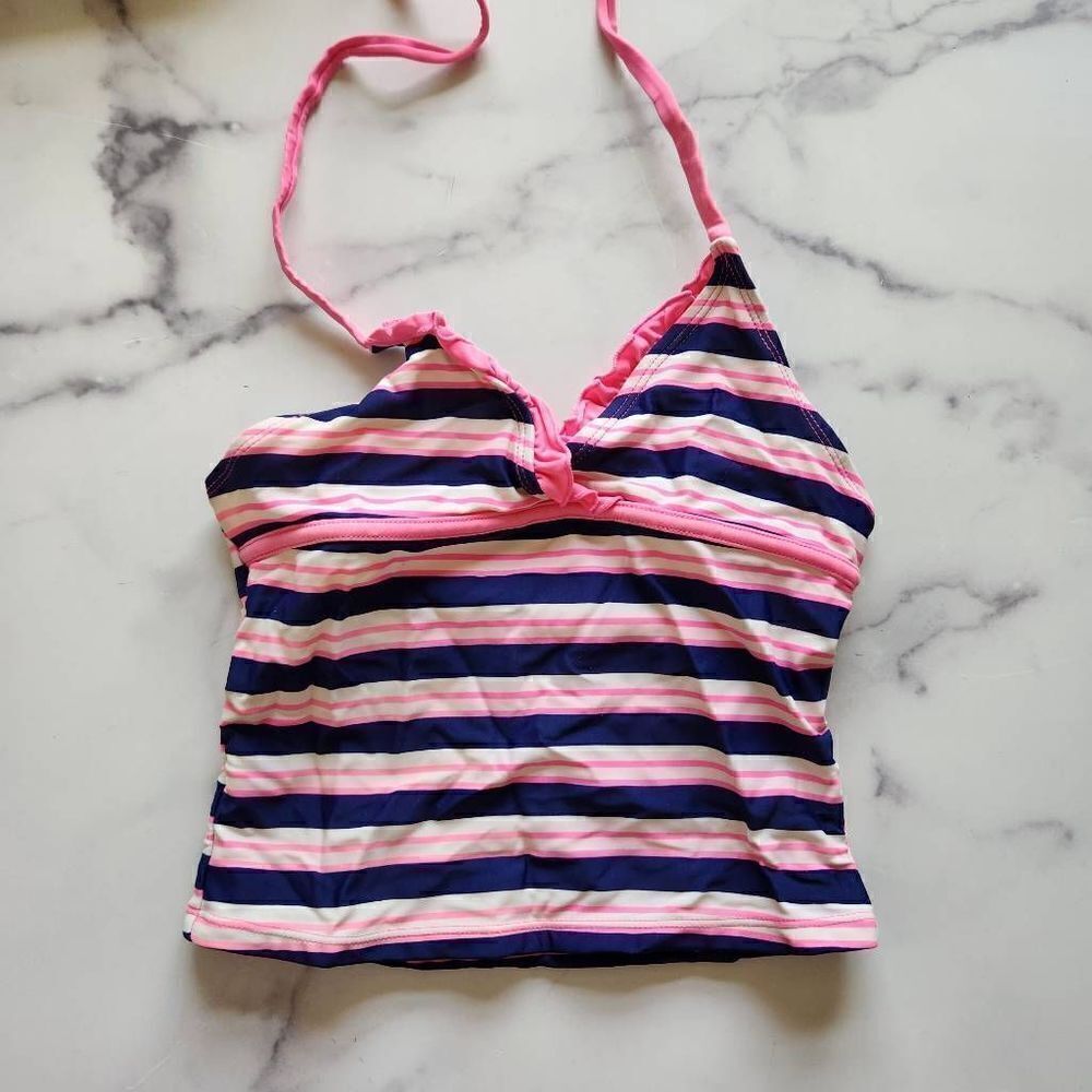 Size 8 girls halter top swimsuit bathing shirt striped pink blue - Picture 1 of 4
